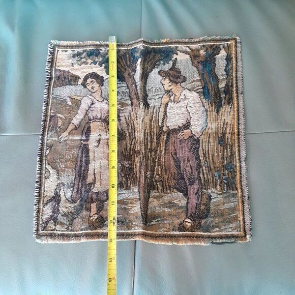 VTG French Needlepoint Tapestry Pillow Fabric Courting Couple Farm Country 12x12 - Picture 5 of 7